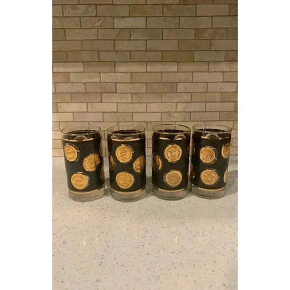 MCM Libbey Cocktail Glasses Gold Coin Collection Set of 4 - Picture 1 of 12